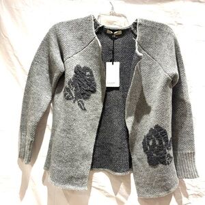 NWT Cocogio Made Italy Gray Open Cardigan Sweater Black Floral Wool Mohair SZ M